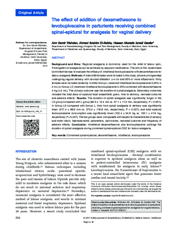 (PDF) The effect of addition of dexamethasone to levobupivacaine in ...