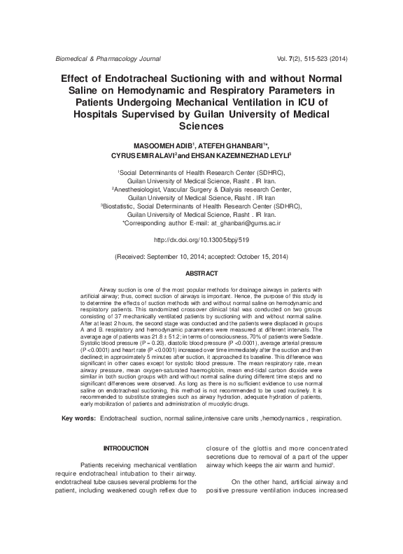 (PDF) Effect of Endotracheal Suctioning with and without Normal Saline ...