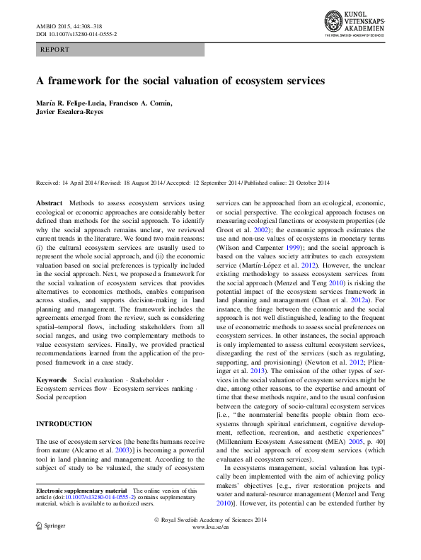 (PDF) A framework for the social valuation of ecosystem services