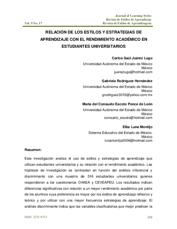 (PDF) Relación de los estilos y estrategias de aprendizaje con el ...