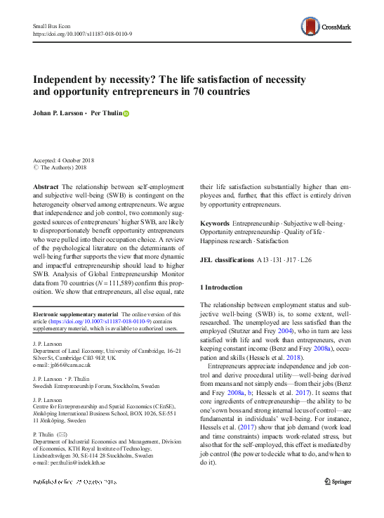 (PDF) Independent by necessity? The life satisfaction of necessity and ...