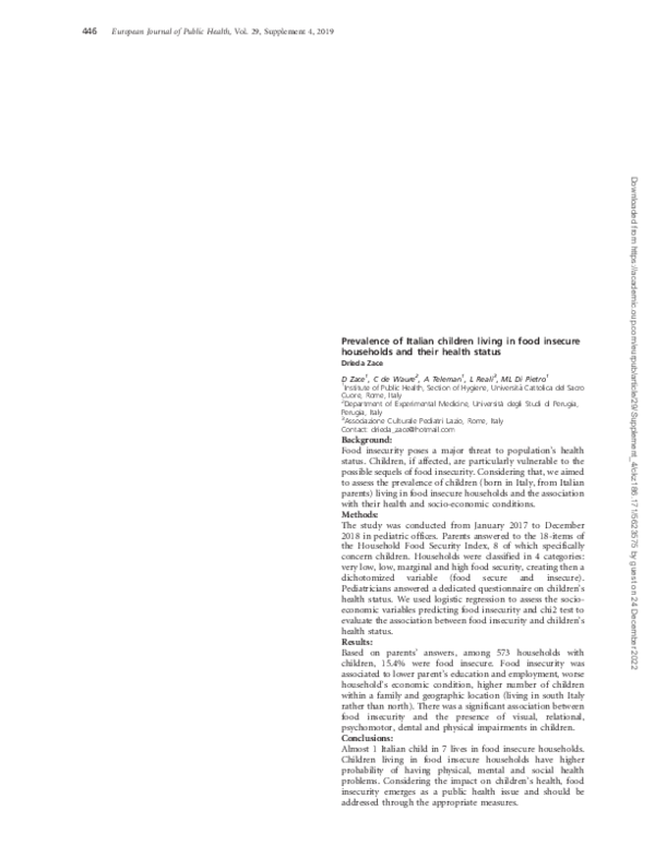 (PDF) Prevalence of Italian children living in food insecure households ...