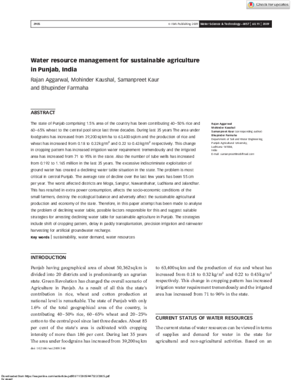 (PDF) Water resource management for sustainable agriculture in Punjab ...