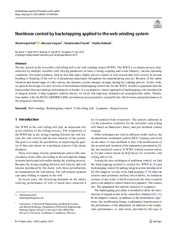 (PDF) Nonlinear control by backstepping applied to the web winding system