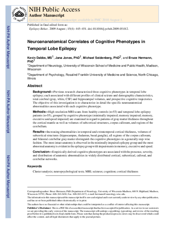(PDF) Neuroanatomical correlates of cognitive phenotypes in temporal ...