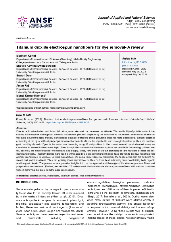 (PDF) Titanium dioxide electrospun nanofibers for dye removal- A review