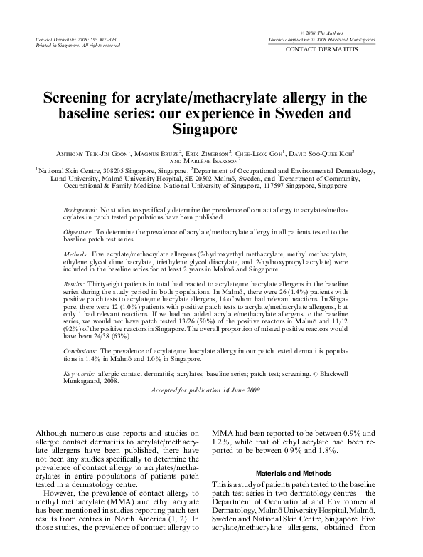 (PDF) Screening for acrylate/methacrylate allergy in the baseline