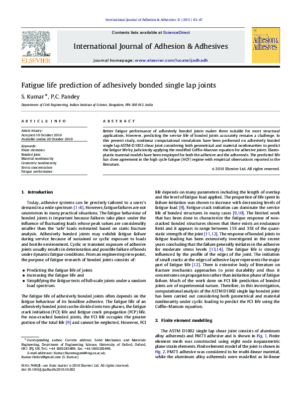 (PDF) Fatigue life prediction of adhesively bonded single lap joints