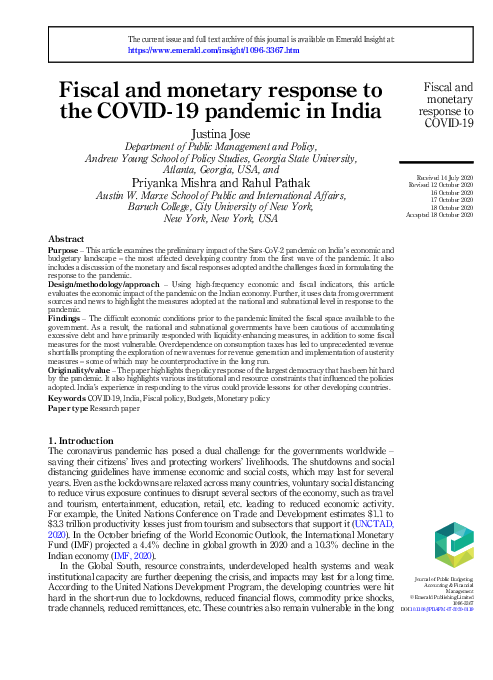 (PDF) Fiscal and monetary response to the COVID-19 pandemic in India