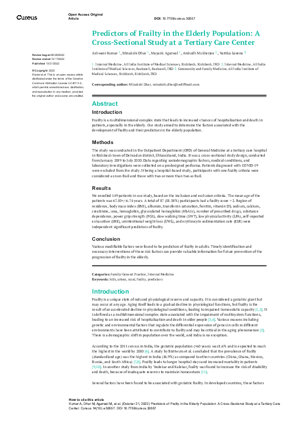 (PDF) Predictors of Frailty in the Elderly Population: A Cross ...
