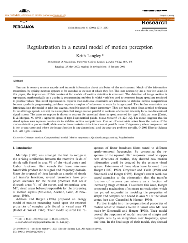 (PDF) Regularization in a neural model of motion perception