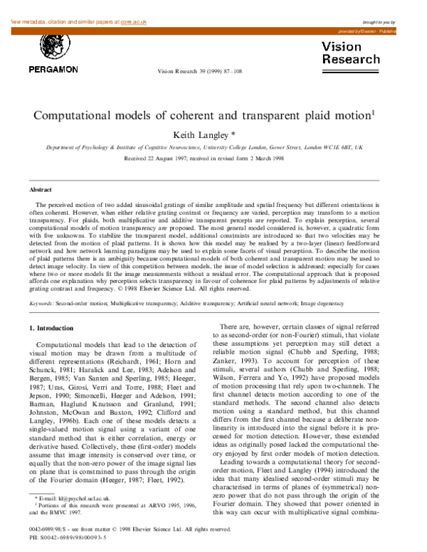 (PDF) Computational models of coherent and transparent plaid motion