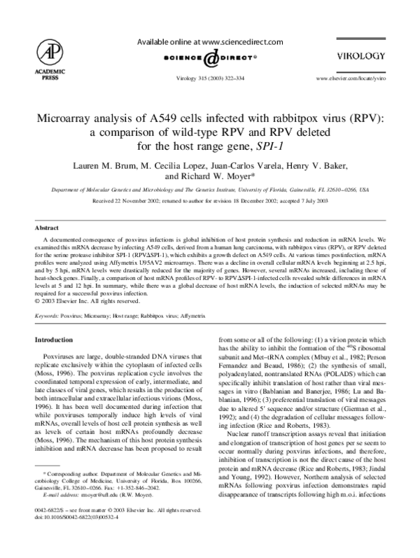 (PDF) Microarray analysis of A549 cells infected with rabbitpox virus ...