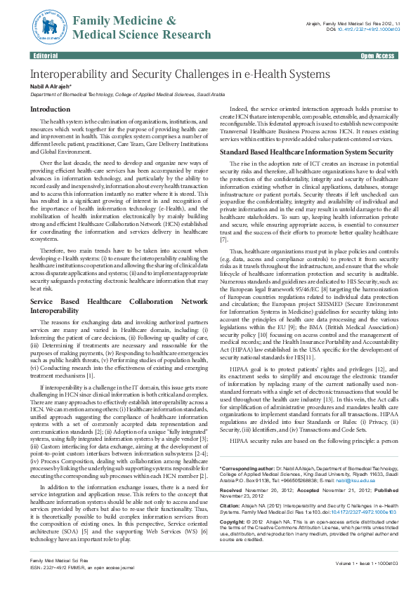 (PDF) Interoperability and Security Challenges in e-Health Systems
