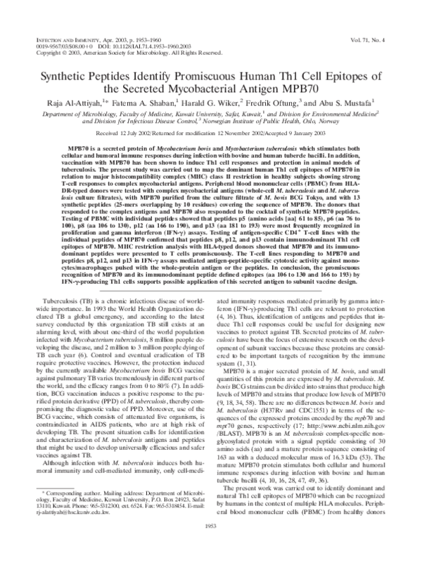 (PDF) Synthetic Peptides Identify Promiscuous Human Th1 Cell Epitopes ...