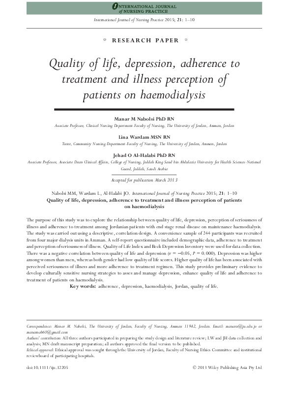 (PDF) Quality of life, depression, adherence to treatment and illness ...
