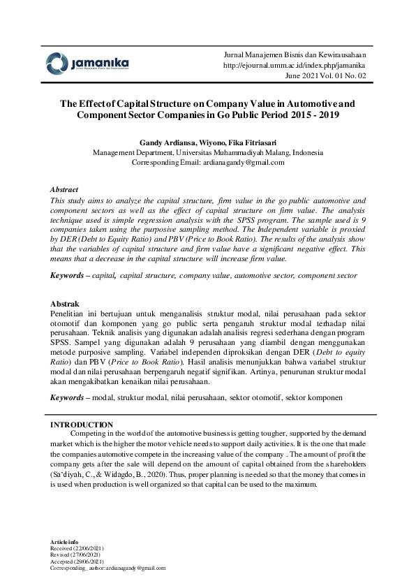 (PDF) The Effect of Capital Structure on Company Value in Automotive ...
