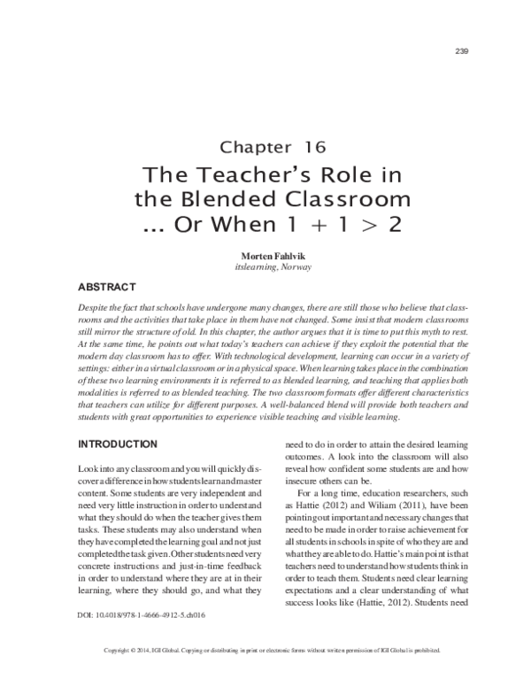 (PDF) The Teacher's Role in the Blended Classroom ... Or When 1 + 1 > 2