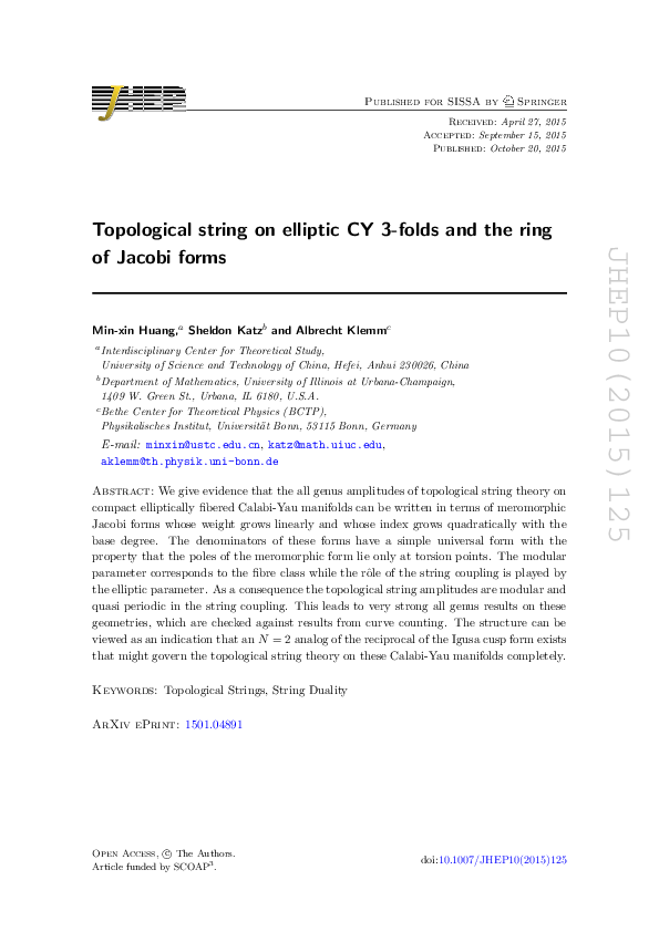 (PDF) Topological string on elliptic CY 3-folds and the ring of Jacobi ...