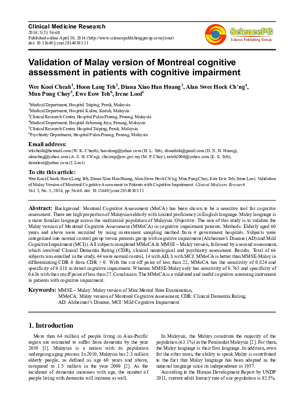 (PDF) Validation of Malay Version of Montreal Cognitive Assessment in ...