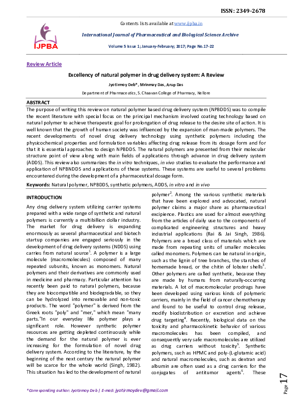 (PDF) Excellency of natural polymer in drug delivery system: A Review