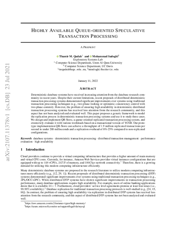 (PDF) Highly Available Queueoriented Speculative Transaction