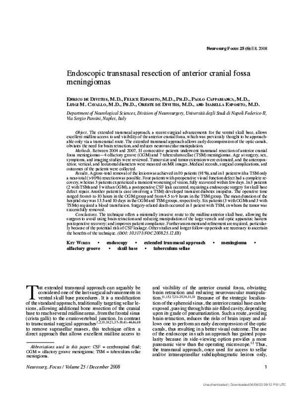 (PDF) Endoscopic transnasal resection of anterior cranial fossa meningiomas