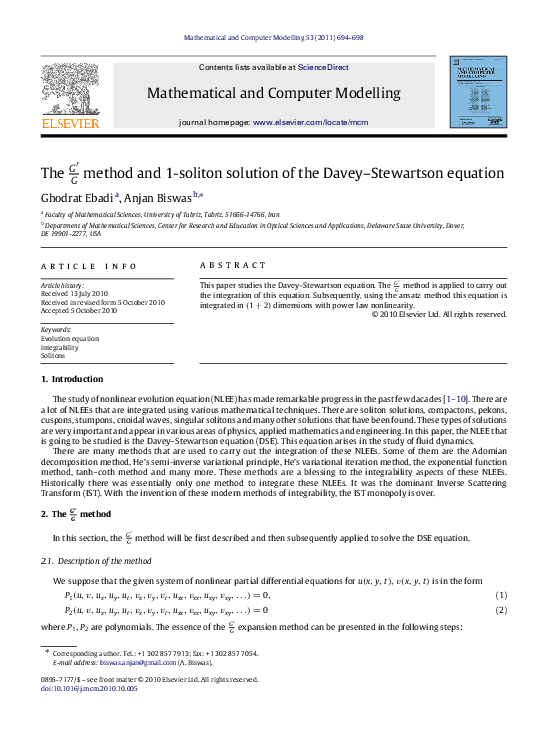 (PDF) The G′G method and 1-soliton solution of the Davey–Stewartson ...