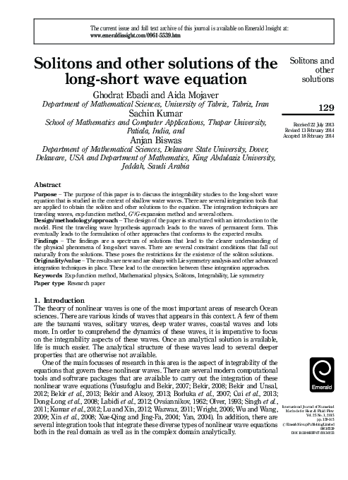 (PDF) Solitons and other solutions of the long-short wave equation