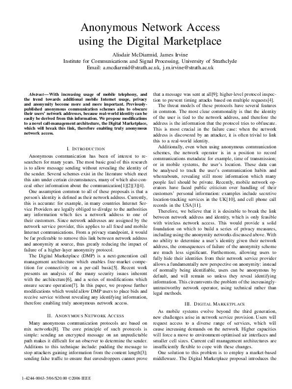 (PDF) Anonymous Network Access Using the Digital Marketplace