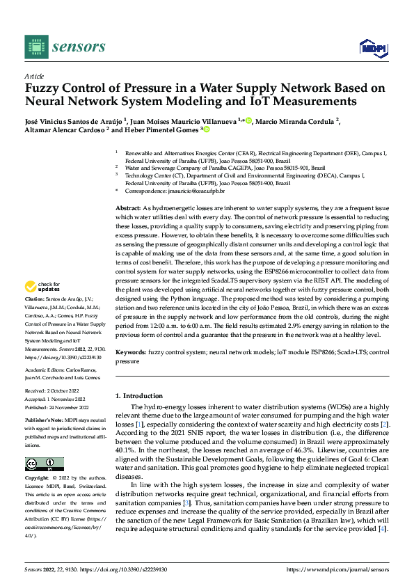 (PDF) Fuzzy Control of Pressure in a Water Supply Network Based on ...