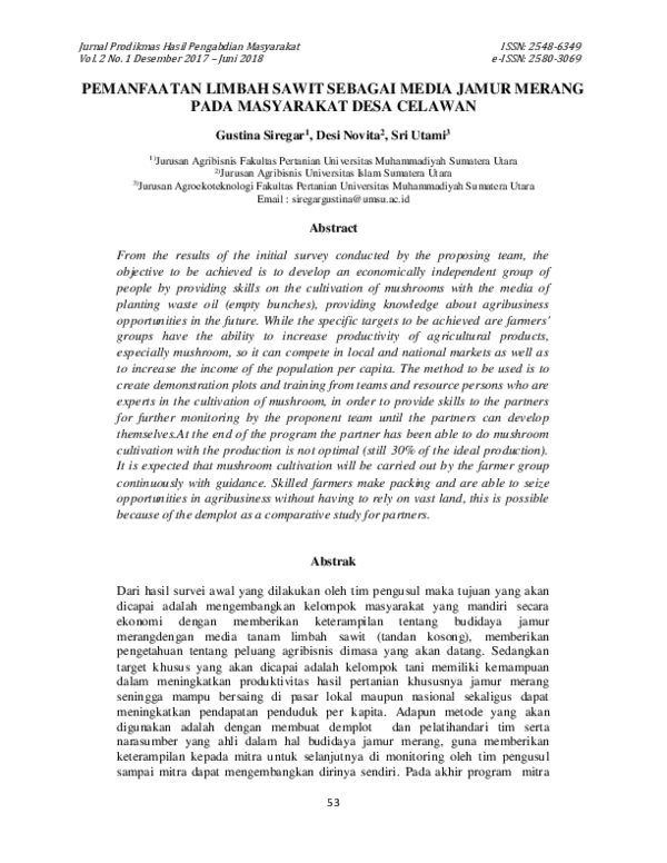 (PDF) Pemanfaatan Limbah Sawit Sebagai Media Jamur Merang Pada Masyarakat Desa Celawan desi