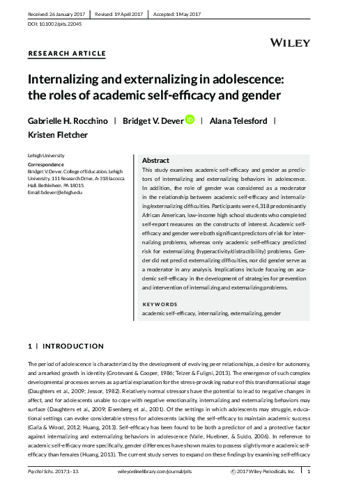 (PDF) Internalizing and Externalizing in Adolescence: The Roles of Self ...