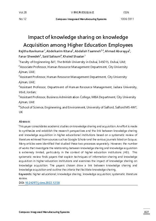 (PDF) Impact of knowledge sharing on knowledge Acquisition among Higher ...