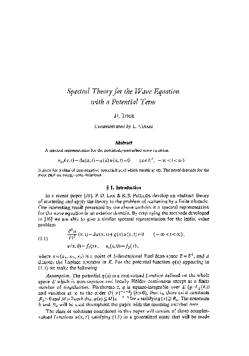(PDF) Spectral theory for the wave equation with a potential term