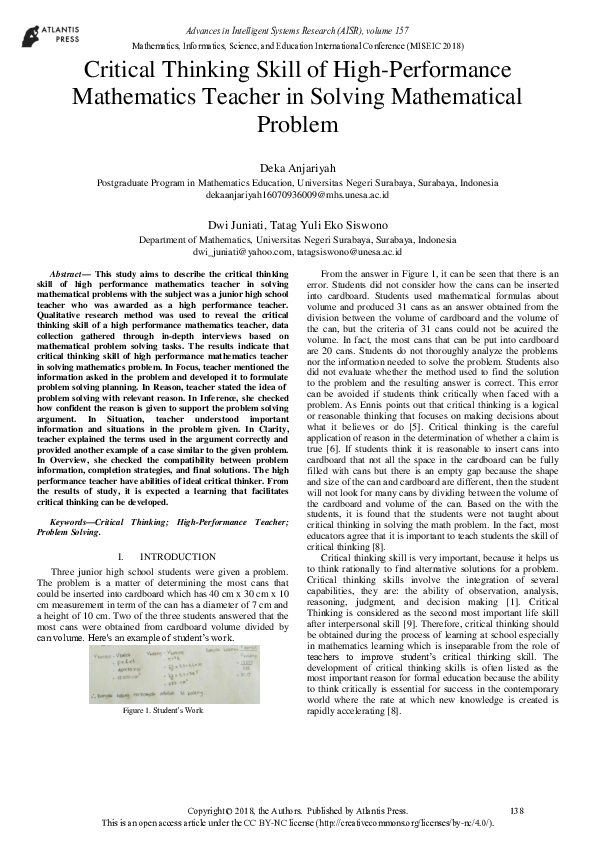 (PDF) Critical Thinking Skill of High-Performance Mathematics Teacher ...