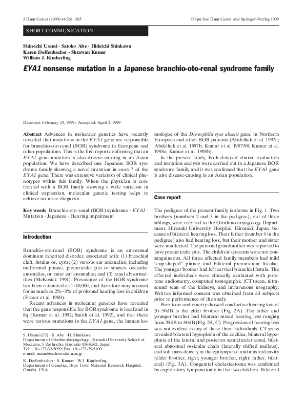 (PDF) EYA1 nonsense mutation in a Japanese branchio-oto-renal syndrome ...