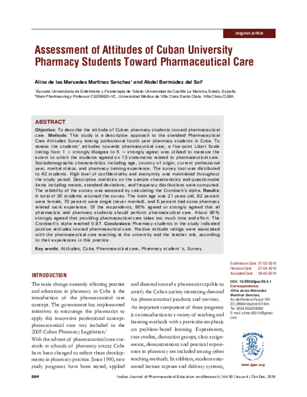 (PDF) Assessment of Attitudes of Cuban University Pharmacy Students ...