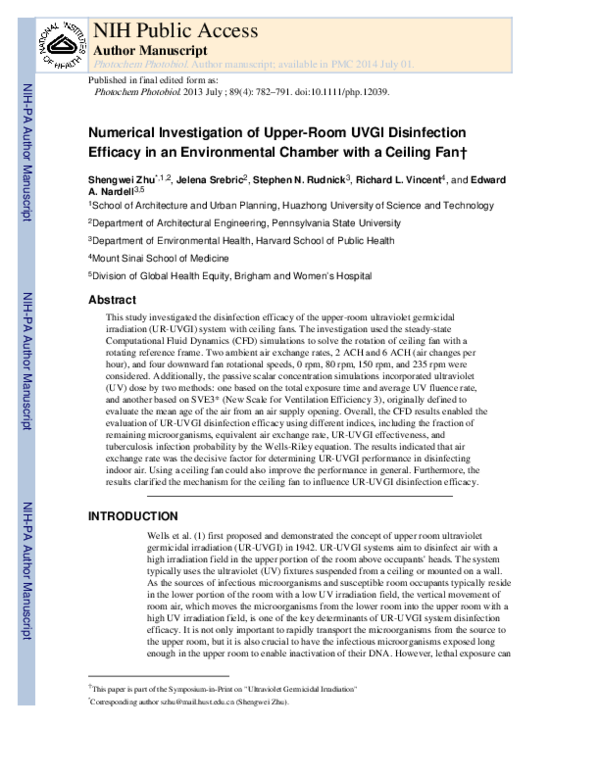 Numerical Investigation of Upper-Room UVGI Disinfection Efficacy in an Environmental Chamber with a Ceiling Fan