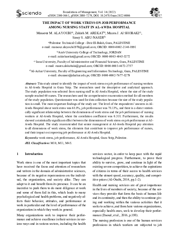 (PDF) The Impact of Work Stress on Job Performance Among Nursing Staff ...