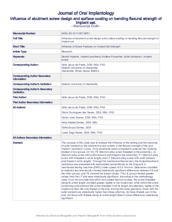 (PDF) Influence of abutment screw design and surface coating on the ...
