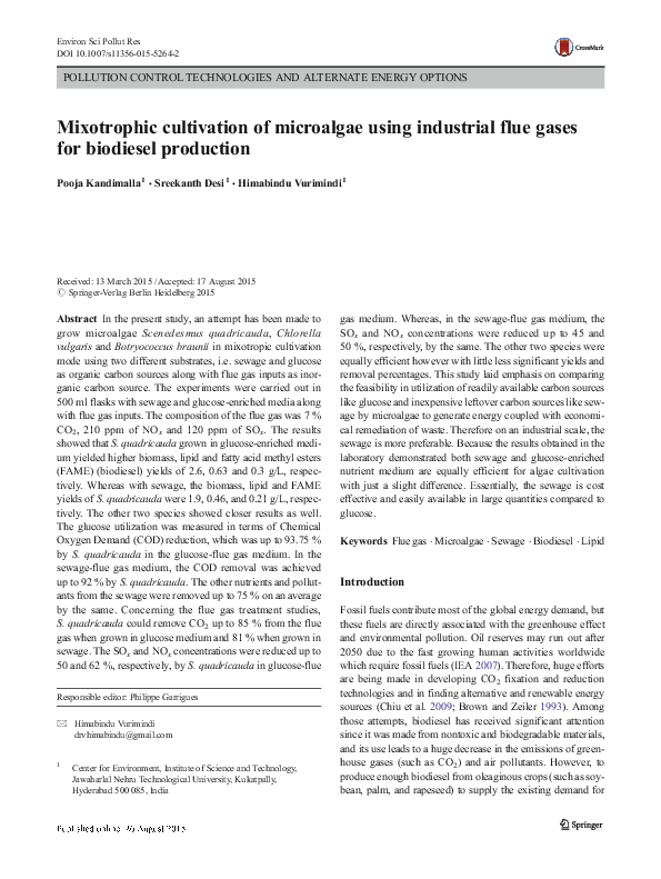 (PDF) Mixotrophic cultivation of microalgae using industrial flue gases ...