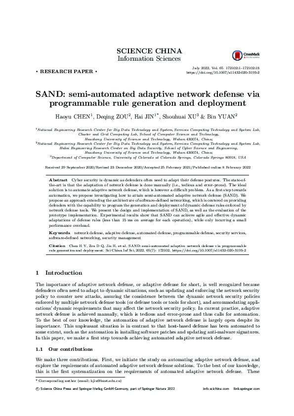 (PDF) SAND: semi-automated adaptive network defense via programmable ...