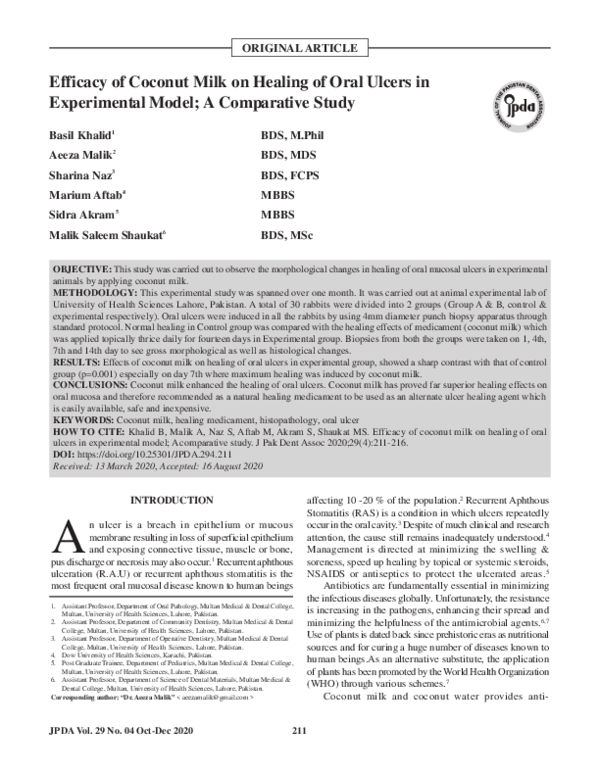 (PDF) Efficacy of Coconut Milk on Healing of Oral Ulcers in