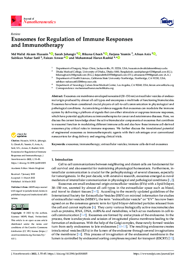 (PDF) Exosomes for Regulation of Immune Responses and Immunotherapy