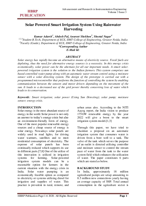 (PDF) Solar Powered Smart Irrigation System Using Rainwater Harvesting