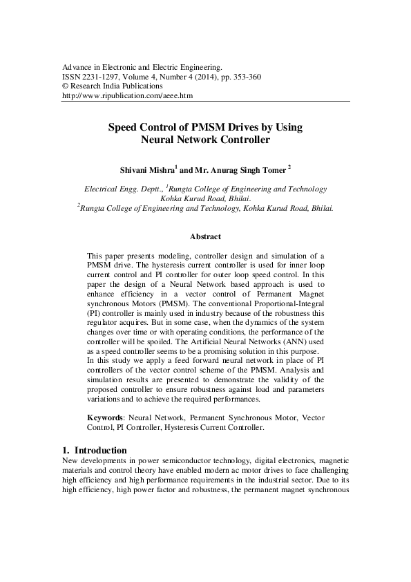 (PDF) Speed Control of PMSM Drives by Using Neural Network Controller