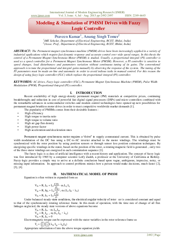 (PDF) Modeling & Simulation of PMSM Drives with Fuzzy Logic Controller