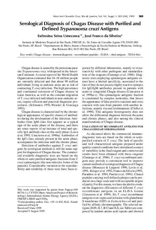 (PDF) Serological diagnosis of Chagas disease with purified and defined ...