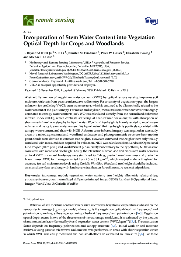(PDF) Incorporation of Stem Water Content into Vegetation Optical Depth ...